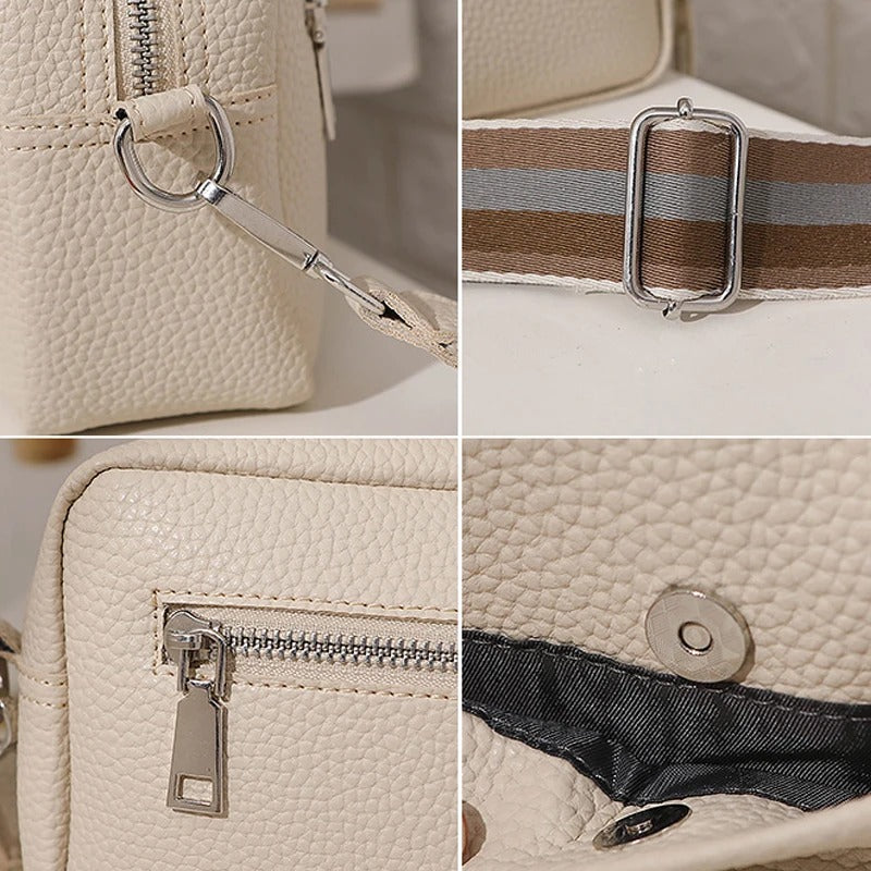 Bolso blanco texturizado con cremallera, hebilla metálica y correa ajustable para mujer